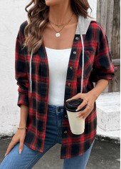 Red Drawstring Plaid Long Sleeve Hoodie