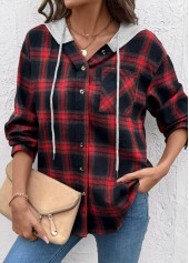 Red Drawstring Plaid Long Sleeve Hoodie | thumb picture 