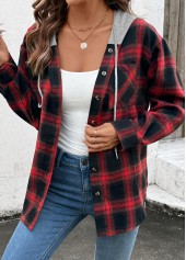 Red Drawstring Plaid Long Sleeve Hoodie | thumb picture 