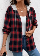 Red Drawstring Plaid Long Sleeve Hoodie | thumb picture 