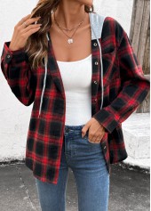 Red Drawstring Plaid Long Sleeve Hoodie | thumb picture 