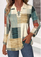 Multi Color Patchwork Geometric Print Long Sleeve Blouse