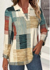 Multi Color Patchwork Geometric Print Long Sleeve Blouse | thumb picture 