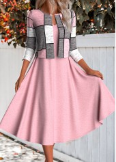 Pink Two Piece Plaid Long Sleeve Dress and Cardigan