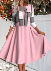 Pink Two Piece Plaid Long Sleeve Dress and Cardigan | thumb picture 