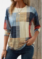 Beige Patchwork Plus Size Geometric Print T Shirt