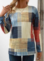 Beige Patchwork Plus Size Geometric Print T Shirt | thumb picture 