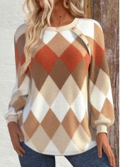 Light Camel Patchwork Argyle Print Long Sleeve Sweatshirt