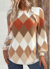 Light Camel Patchwork Argyle Print Long Sleeve Sweatshirt | thumb picture 