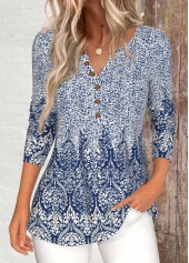 Blue Button Tribal Print Long Sleeve T Shirt