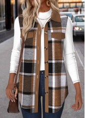 Dark Coffee Patchwork Plaid Sleeveless Shirt Collar Waistcoat