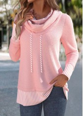 Light Pink Patchwork Striped Long Sleeve Cowl Neck Sweatshirt | thumb picture 