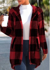 Red Plaid Long Sleeve Hooded Coat
