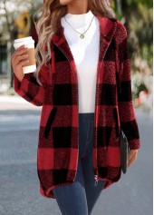 Red Plaid Long Sleeve Hooded Coat | thumb picture 