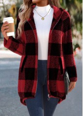 Red Plaid Long Sleeve Hooded Coat