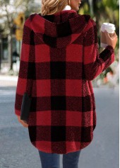 Red Plaid Long Sleeve Hooded Coat