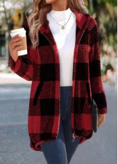 Red Plaid Long Sleeve Hooded Coat