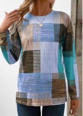 Blue Patchwork Geometric Print Long Sleeve T Shirt