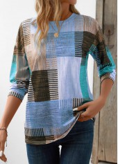 Blue Patchwork Geometric Print Long Sleeve T Shirt