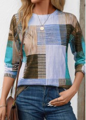 Blue Patchwork Geometric Print Long Sleeve T Shirt