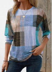 Blue Patchwork Geometric Print Long Sleeve T Shirt