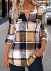 Dark Coffee Zipper Plaid Long Sleeve Round Neck Shirt
