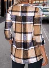 Dark Coffee Zipper Plaid Long Sleeve Round Neck Shirt | thumb picture 