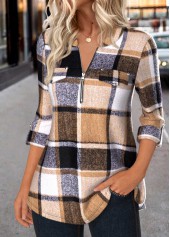 Dark Coffee Zipper Plaid Long Sleeve Round Neck Shirt | thumb picture 