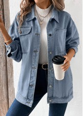 Denim Blue Button Long Sleeve Turn Down Collar Coat
