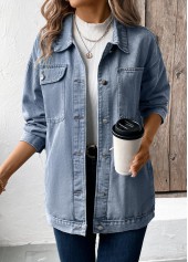 Denim Blue Button Long Sleeve Turn Down Collar Coat | thumb picture 