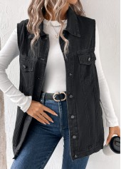 Black Button Sleeveless Turn Down Collar Waistcoat