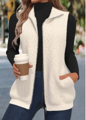 Beige Zipper Sleeveless Stand Collar Waistcoat