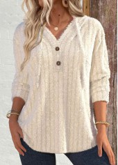 Beige Button Plush Long Sleeve Hoodie