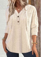 Beige Button Plush Long Sleeve Hoodie
