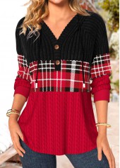 Red Patchwork Plaid Long Sleeve Hoodie