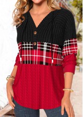 Red Patchwork Plaid Long Sleeve Hoodie | thumb picture 