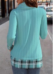 Mint Green Patchwork Plaid Long Sleeve Cowl Neck Sweatshirt | thumb picture 