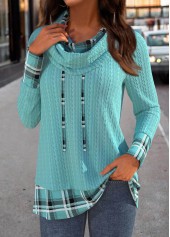Mint Green Patchwork Plaid Long Sleeve Cowl Neck Sweatshirt
