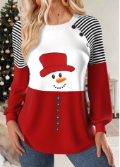 Christmas Multi Color Patchwork Snowman Print Long Sleeve Sweatshirt