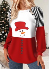 Christmas Multi Color Patchwork Snowman Print Long Sleeve Sweatshirt