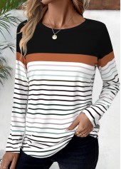 Black Patchwork Striped Long Sleeve Round Neck T Shirt