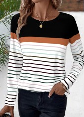 Black Patchwork Striped Long Sleeve Round Neck T Shirt | thumb picture 