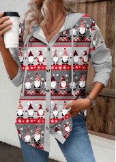 Grey Drawstring Christmas Print Long Sleeve Hoodie