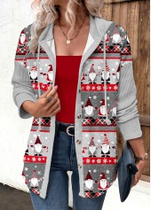 Grey Drawstring Christmas Print Long Sleeve Hoodie