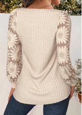 Light Camel Patchwork Long Sleeve Square Neck Sweatshirt