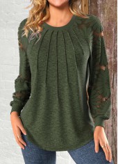 Olive Green Patchwork Long Sleeve Round Neck Sweatshirt