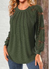 Olive Green Patchwork Long Sleeve Round Neck Sweatshirt | thumb picture 