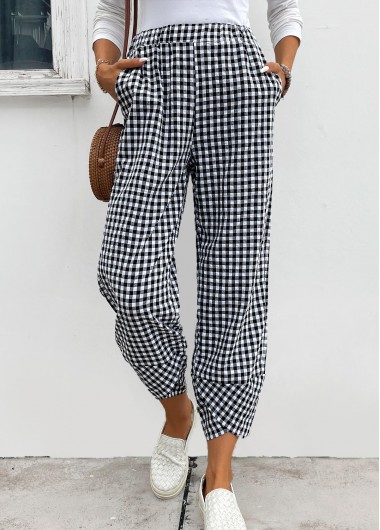 women clothes image of Black Plaid Elastic Waist High Waisted Pants