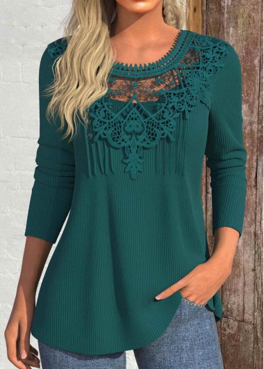 Blackish Green Patchwork Long Sleeve Round Neck T Shirt