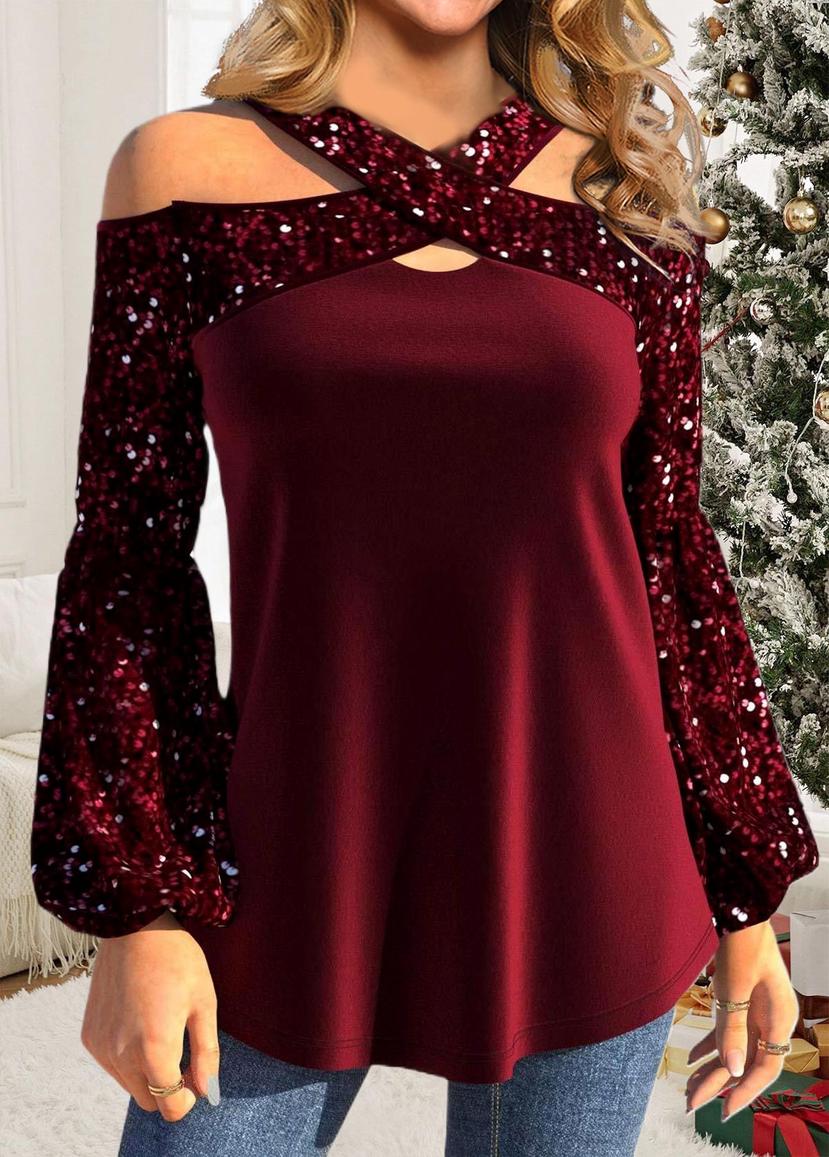 Wine Red Sequin Plus Size Long Sleeve T Shirt | picture 